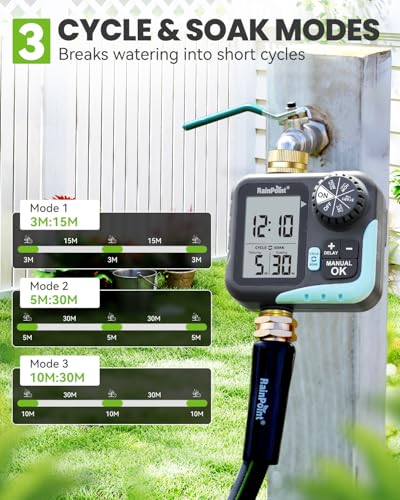 RAINPOINT Sprinkler Timer for Garden Hose - Hose Timer with Cycle & Soak/Rain Delay/Automatic Watering/Manual Watering, Programmable Irrigation System with Large Display, Brass Inlet & Outlet - color: Brassy