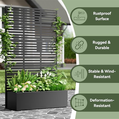 COFaR 71"Tall Metal Planter Box with Trellis,Outdoor Privacy Planter Screen - color: Slatted_black