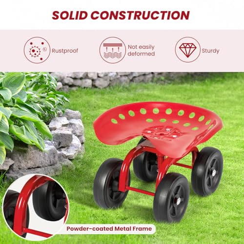 LDAILY Garden Seat with Wheels 11"-16" Adjustable Height for Lawn Planting - color: Red