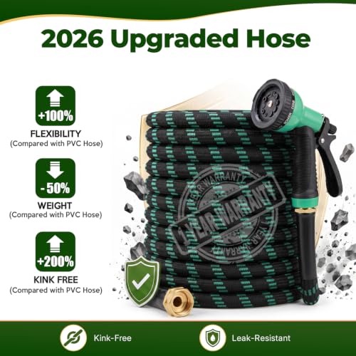 Garden Hose 100 ft, 2026 Upgraded Kink Free Flexible Water Hose 100ft With 10 Pattern Spray Nozzle, Leak-Proof, Portable, Ultra Lightweight & Durable Garden Hose for Yard, Lawn, Outdoor (Black Cyan) - size: 100FT