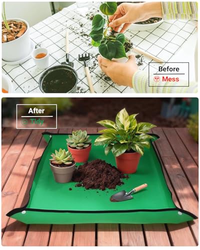 Plant Repotting Mat, Waterproof Gardening Mat for Indoor Plants, Thickened PE Potting Mat with Copper Buckles for Mess Control, Foldable Succulent Transplanting Mat, Green (29.5"*39.4") - size: 29.5"*39.4"
