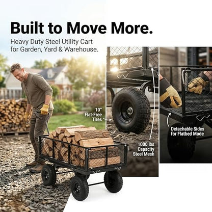 Finnhomy Heavy Duty 1000 Lbs Capacity Mesh Steel Garden Cart, Pullable Garden Wagons Carts on Wheels, Folding Utility Wagon with Removable Sides for Outdoor, Yard, Lawn, Black - color: Black