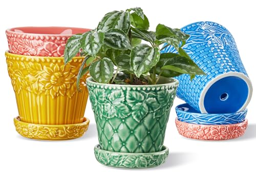 Metahom Colorful Ceramic Pots for Plants, 4.9 Inch Flower Pots Set of 4 - color: Assorted Colors, size: 4.9 Inch