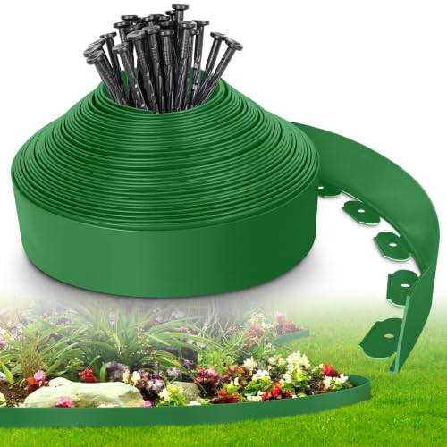 4-Inch x 50 FT Landscape Edging Border with 75 Spikes, Garden Edging Lawn Border Kit, Plastic Edging Border Flexible for Garden Flower Beds Lawn Yard Pathway Paver Edging (Green) - color: Green, size: 4 In x 50 FT
