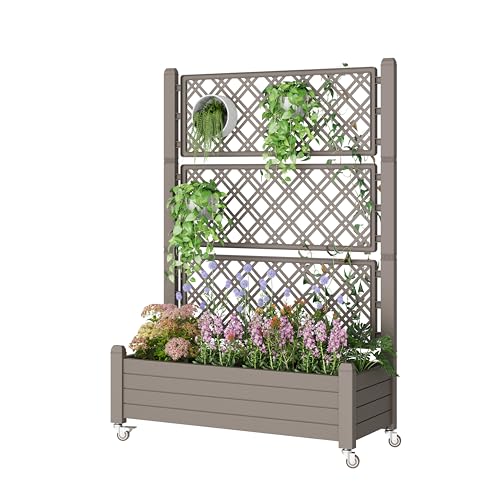 Resin Raised Garden Bed with Trellis and Wheels - Plasitc Planter Box with Trellis Outdoor with Drainage Holes & Water Monitor for Climbing Plants, Flower, Gray(61.2" H) - color: Gray, size: 61.2"h