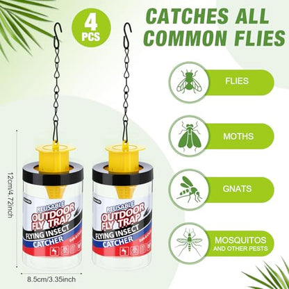 Qualirey 4 Pcs Fly Traps Outdoor Reusable Hanging Fly Jar Trap Gnat Bug Catcher Killer for All Flies Outside Filth Flies Insect Bug Control Patios Yard Ranch Barns(Yellow) - color: Yellow