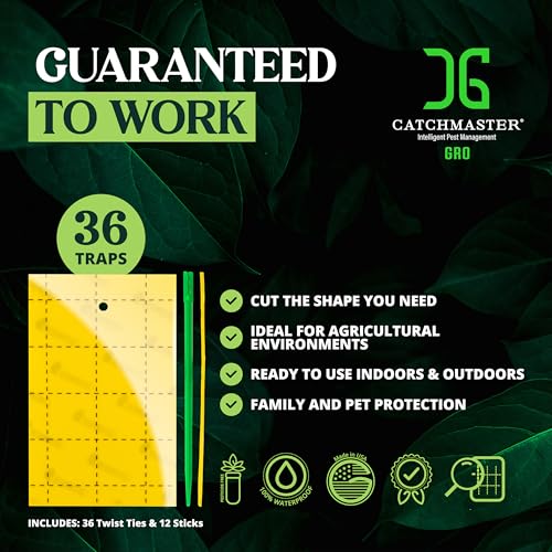 Catchmaster GRO Yellow Regular Double Sided Sticky Traps 36PK, Adhesive Bug & Fruit Fly Trap, Pest Control for Home, Farm, Garden, Hydroponics & Greenhouse, Protect Live Plants Indoor & Outdoor - size: 36 Pack - Yellow
