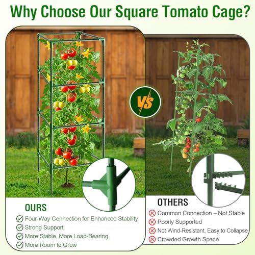 Fabulas Tomato Cage, Square Tomato Trellis Plant Support Stake Cages for Garden and Pots Tall Up to 63 Inch Adjustable Cucumber Trellis for Raised Bed Outdoor Climbing Plants Vegetables Flower, 3 Pack