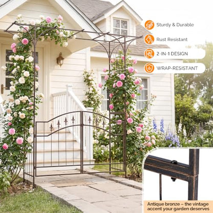 VINGLI Garden Arbor, Arch for Wedding Ceremony Party, Christmas Garden Decor Steel Garden Trellis for Plant Climbing, Pergola for Garden, Backyard, Lawn (Flat Top with Gate,Bronze) - style: Flat Top with Gate,Bronze