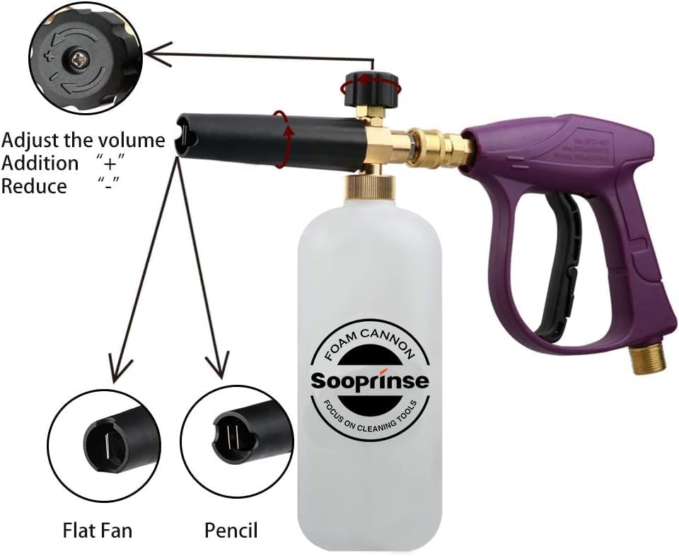 Sooprinse Foam Cannon Snow Foam Lance Nozzle Pressure Washer Jet Wash，Foam cannon lance kit with Pressure Washer Spray Gun,30 Degree Gutter Cleaner Wand with Nozzle Tip Attachment - color: Purple