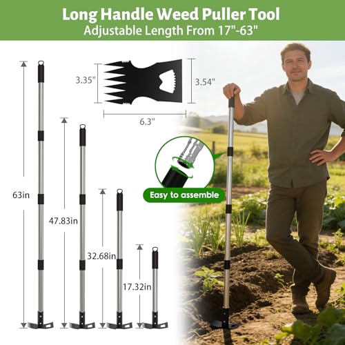 2-in-1 Stand Up Weed Puller & Garden Hoe Rake, 63" Adjustable Long Handle