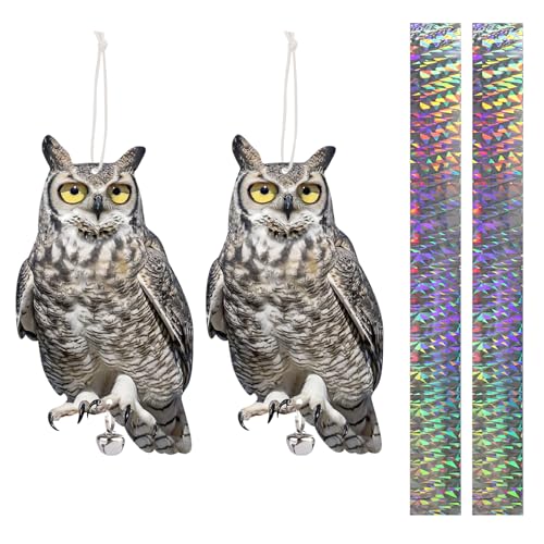 2PCS Reflective Plastic Owl Hanging Decoration Dual-Side Printed Raster Fake Eagle Garden Owl with Scare Tape for Garden Patio Windows - color: 2 Deep Grey Owls