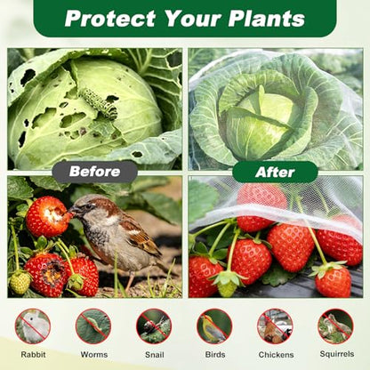 Garden Netting Kit, 10 X 50FT Garden Netting Pest Barrier with 10 Sets Garden Hoops and 20pcs Clips, Insect Netting Row Cover for Raised Beds Vegetable Fruits Flowers Protection
