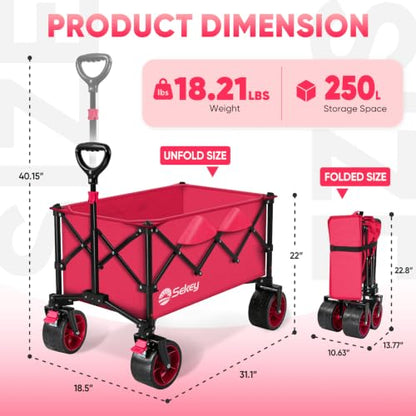 Sekey 250L Beach Wagon, 400 lb Capacity, Foldable, All-Terrain Wheels - color: Pink