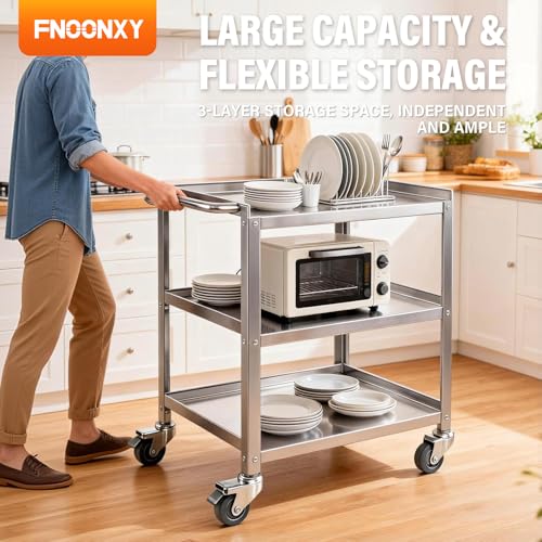 3-Tier Stainless Steel Rolling Utility Cart, Heavy Duty Metal Kitchen Cart 24" x 16" x 33.98" with Handle & Locking Casters, Mobile Kitchen Island on Wheels for Restaurant, Home(Small) - size: Small