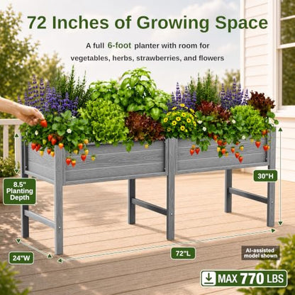YEFU 72" Large Raised Garden Bed, Wood-Look HIPS 6ft Extra Large Bed, Grey - color: Gray, size: 72"×24"×30"