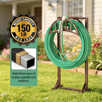 YQSLYSF Garden Hose Holder, Water Hose Stand with 4 Stake and 2 Tool Hooks, Heavy-Duty Metal Hose Storage Holds 150Ft, Freestanding Hose Hanger Rack for Outside, Yard, Lawn, Farm（Antique Bronze）