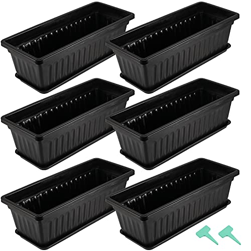 HAKZEON 6 Pack 17 Inches Plastic Flower Box Planters with Trays, Countryside Flower Window Boxes with 30 Plant Labels, Black Rectangular Vegetable Planters for Windowsill, Porch, Balcony, Garden - color: Black
