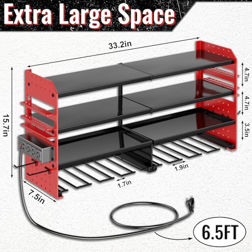 Large Power Tool Organizer Wall Mount with Charging Station, 4 Layer Heavy Duty Metal Cordless Tool Organizer, Tool Storage Rack with 8 Cordless Drill Holder Screwdriver Hammer(Red) - color: Red