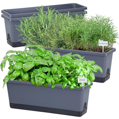 Window Box Planter 4 Packs, 17 Inches Rectangle Flower Pots with Drainage Holes & Trays, Pots for Vegetables, Herbs, Flowers, Garden Windowsill Balcony (Grey, 17 * 5.1 * 6 inch) - color: Gray