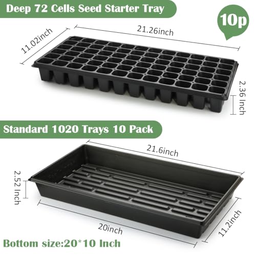 RooTrimmer 10 Pack 1020 Trays No Holes and 10 Pack 72 Cell Seed Starter Tray, 20" x 10" - Heavy Duty Reusable Plastic Seed Starter Kit for Microgreens, Seed Germination & Plant Propagation (10 Sets) - size: 72 Cells-Deep