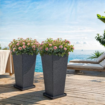 Autodaya 28" Plant Pots Tall Planters for Plants Outdoor Set of 2 with Tray - color: Tall Terrazzo Black-28"