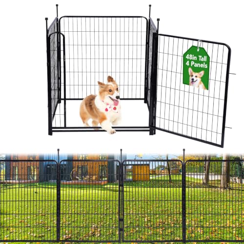 Getlay Tall Garden Fence Animal Barrier,Wide Gate Low Threshold Fence Panels, 48in(H) 4 Panels Total 8.9 Ft(L) Flower Bed Fencing, Heavy Metal Dog Fence Outdoor for Yard - size: 48''(H)-4panels-8.9ft(L) with gate