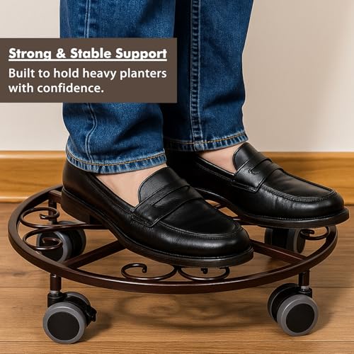 3 Pack Plant Caddy with Wheels & Saucers, Heavy Duty 13.5 Inch Metal Plant Stand with Wheels, Plant Dolly Rolling Plant Stand Plant Roller with Casters for Indoor and Outdoor, Bronze