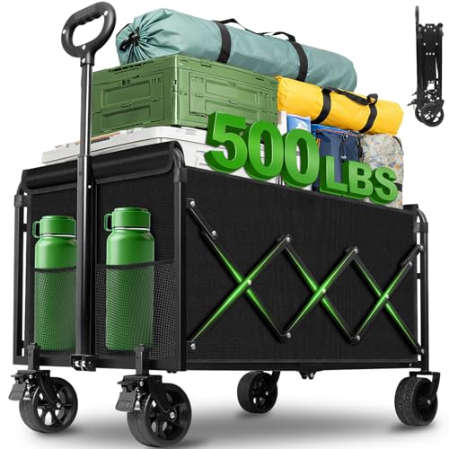 Wagon Cart Foldable,500Lbs Collapsible Wagon Cart with Wheels Portable, All Terrain Outdoor Utility Carts for Groceries, Camping, Sports, Garden, Shopping, Black - color: Black-500lbs
