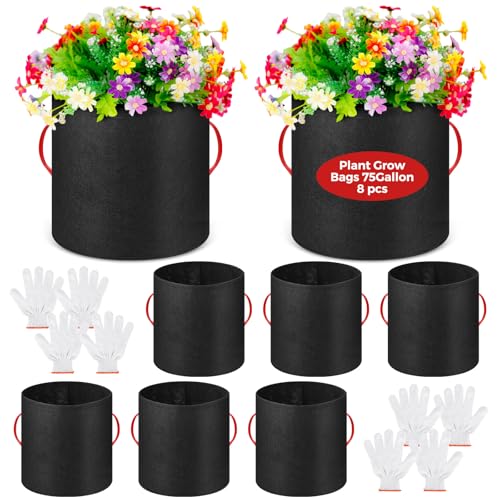 Nuenen 8 Pack 75 Gallon Plant Grow Bags Bulk Breathable Nonwoven Fabric Pot with Handles Heavy Duty Nursery Vegetable Pots with Gloves for Garden Vegetables Potato Plants Flower Growing Planting