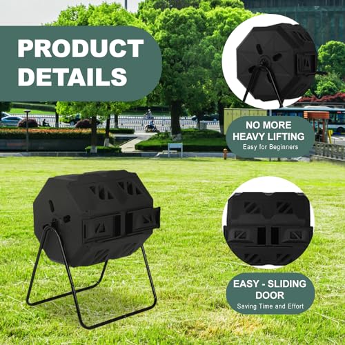 Compost Bin Outdoor Tumbler Compost Dual Chamber 43 Gallon Capacity BPA Free Rotating Batch Composting Tumbler with Sliding Doors All Season Composter for Garden Yard, Black