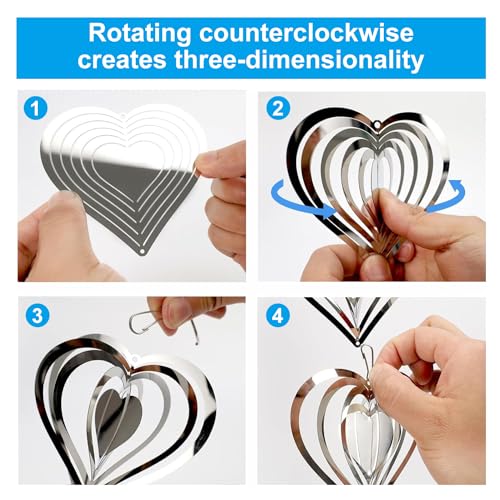 Love Stainless Steel Bird Scarer Discs Set, 3D Reflective Helix Wind Spinners Bird Reflector Sparkly Metal Outdoor Garden Décor Sculpture Ornament, Deterrent to Scare Pigeon Away from Yard Patio Farm