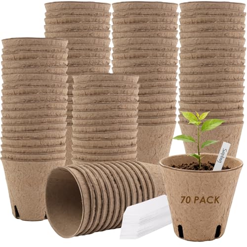 70 Packs 3.15 Inch Peat Pots for Seedling with 70 Pcs Plant Labels, Biodegradable Seed Starter Pots with Drainage Holes, Outdoor Garden Germination Round Nursery Pots Kits