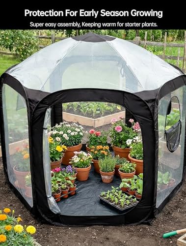Porayhut Pop Up Greenhouse Tent,Portable Large Walk-in Plant House 10’X10’ ,Indoor Outdoor Gardening Plant Sunshine Room with PVC Mesh Cloth Cover for Protecting Plant from Cold Frost & Birds - style: 90.6"Tall Black Greenhouse