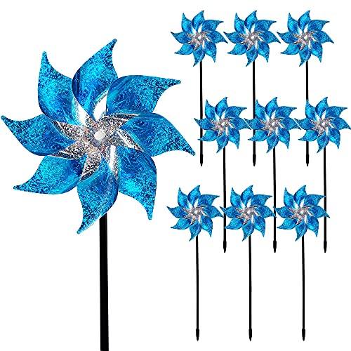 Hausse 10 Pack Reflective Pinwheels with Stakes (Assembly Required), Extra Sparkly Pin Wheel for Garden Decor, Bird Repellent Devices Deterrent to Scare Birds Away from Yard Patio Farm, Blue - color: Blue