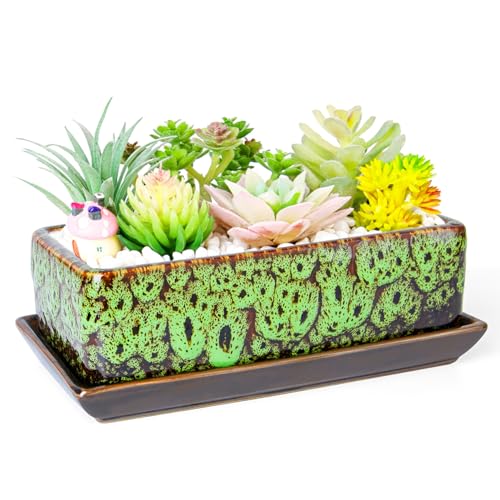 Succulent Pots - Long Rectangle Succulent Planters with Drainage Tray - color: Green