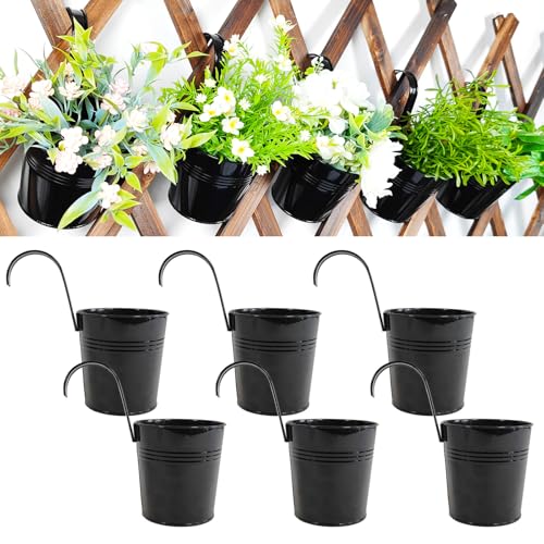 6 Pack Hanging Metal Railing Planters 6" with Detachable Hooks, Black - color: Black, size: 5.9"- 6 Pack