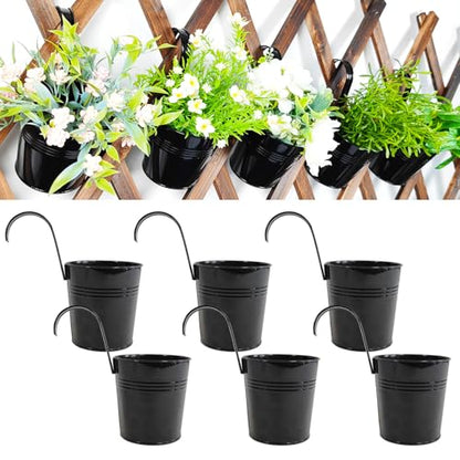 6 Pack Hanging Metal Railing Planters 6" with Detachable Hooks, Black - color: Black, size: 5.9"- 6 Pack