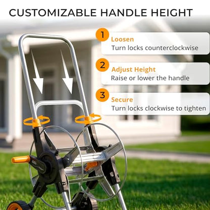 Garden Hose Reel Cart with Wheels, Hold Up to 150 ft of 5/8-inch Garden Hose, Water Hose Reel Cart with Adjustable Handle, Non-Slip Grip and Quick Hose Connectors for Garden and Backyard