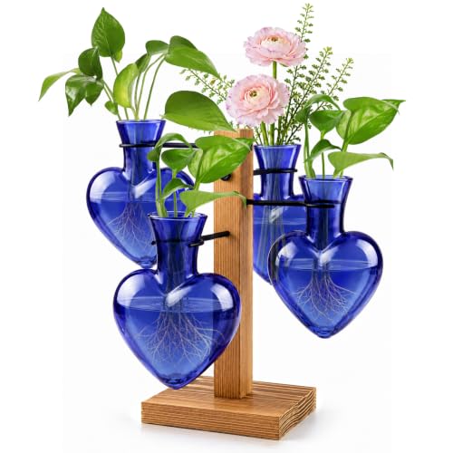 Plant Terrarium Propagation Station with 4 Heart Glass Vases - Deep Blue - color: Deep Blue