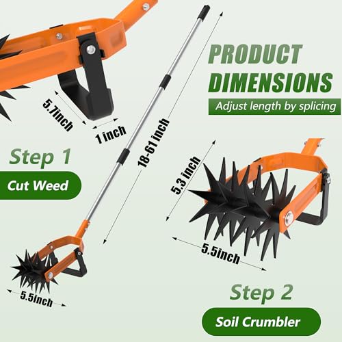 Rotary Cultivator - Long Handle Garden Cultivator with Adjustable Stainless Steel Pole, 2-in-1 Hand Tiller Garden Tool for Weeding, Soil Loosening, Aerating & Reseeding Grass
