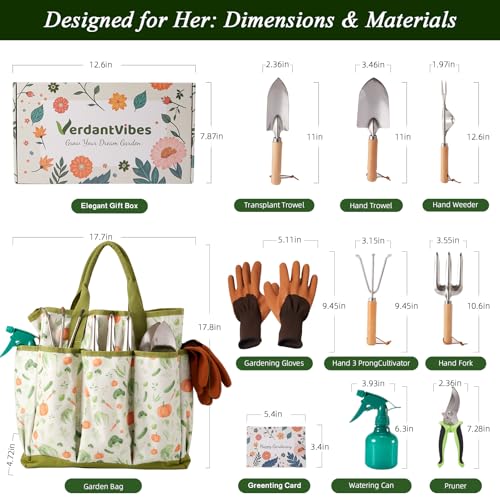 VerdantVibes 10-Piece Garden Tool Set - Heavy Duty Stainless Steel Gardening Kit with Wood Handle, Pruners & Vegetable Print Tote Bag - Unique Gardening Gifts for Women Mom Grandma - color: Green