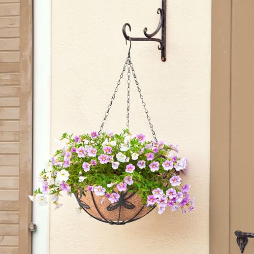 Hanging Baskets Planter for Plants, 2 Pack 14 Inch Round Metal Wire Hanging Flower Pots with Coco Coir Liner Chain, Plant Holder for Home Garden Balcony Decor - size: 14in