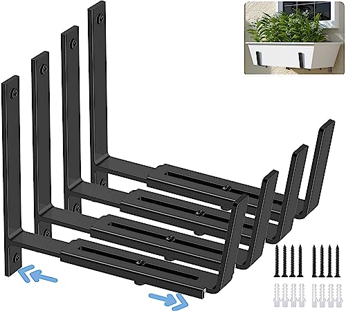 HFHOME 4 PCS Adjustable Planter Box Brackets (6 to 12.5 in), Universal Window Box Brackets, Heavy Duty Metal Flower Box Wall Mounting Hooks for Balcony, Fences, Patio, and Garden - Black - size: Set of 4 - Black