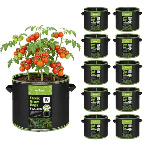 BN-LINK 10-Pack 5 Gallon Grow Bags, Heavy Duty Aeration Fabric Pots with Handles, Thickened Nonwoven Plant Bags for Vegetables, Flowers, Fruits - size: 5 Gallon 10 Pack