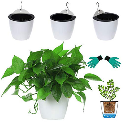 3 Packs 7.3" Plastic Self Watering Pots Wall Hanging Planters Wall Mounted Wicking Flower Pots for Indoor and Outdoor African Violet, Ocean Spider Plant, Orchid, White - size: 7.3"