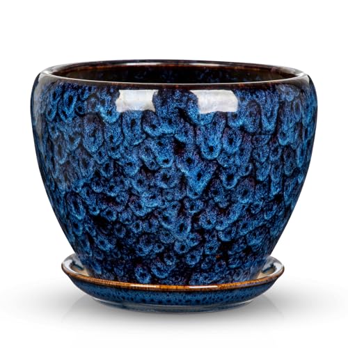 Hollyone 7inch Ceramic Planter Blue Ceramic Plant Pot for Plants Flowers with Drainage Hole and Saucers Ceramic Glaze Round Flower Plant Pot for Indoor Outdoor Medium Round Succulent Orchid Flower Pot - size: 7 Inch (Single)