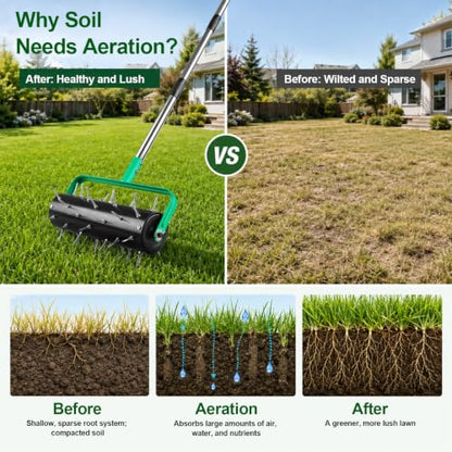 15" Rolling Lawn Aerator, Heavy Duty Push Spike Aeration Tool with 42 Spikes, Filled Pull Behind Garden Drum Roller with 71" Adjustable Handle, Soil Penetrator Push Lawn Aeration for Garden Yard Farm