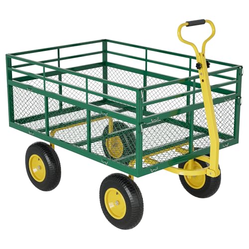 3-in-1 Heavy-Duty Steel Garden Cart, 1400 Lbs Garden Wagon, with 13 Inch All-Terrain Tires and Removable Mesh Side Panels, 180° Rotating Handle, Metal Multi-Function Carts, Outdoor Gardens Wagon Cart - color: Green + Yellow, size: 1400 Lb
