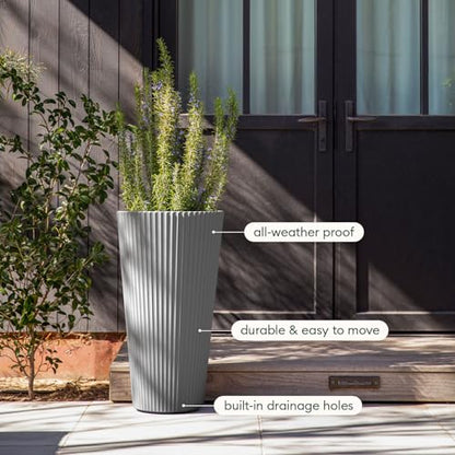 Veradek Demi Series Tall Planter - Tall Tapered Outdoor Planter with Shelf - color: Gray, style: Narrow Groove
